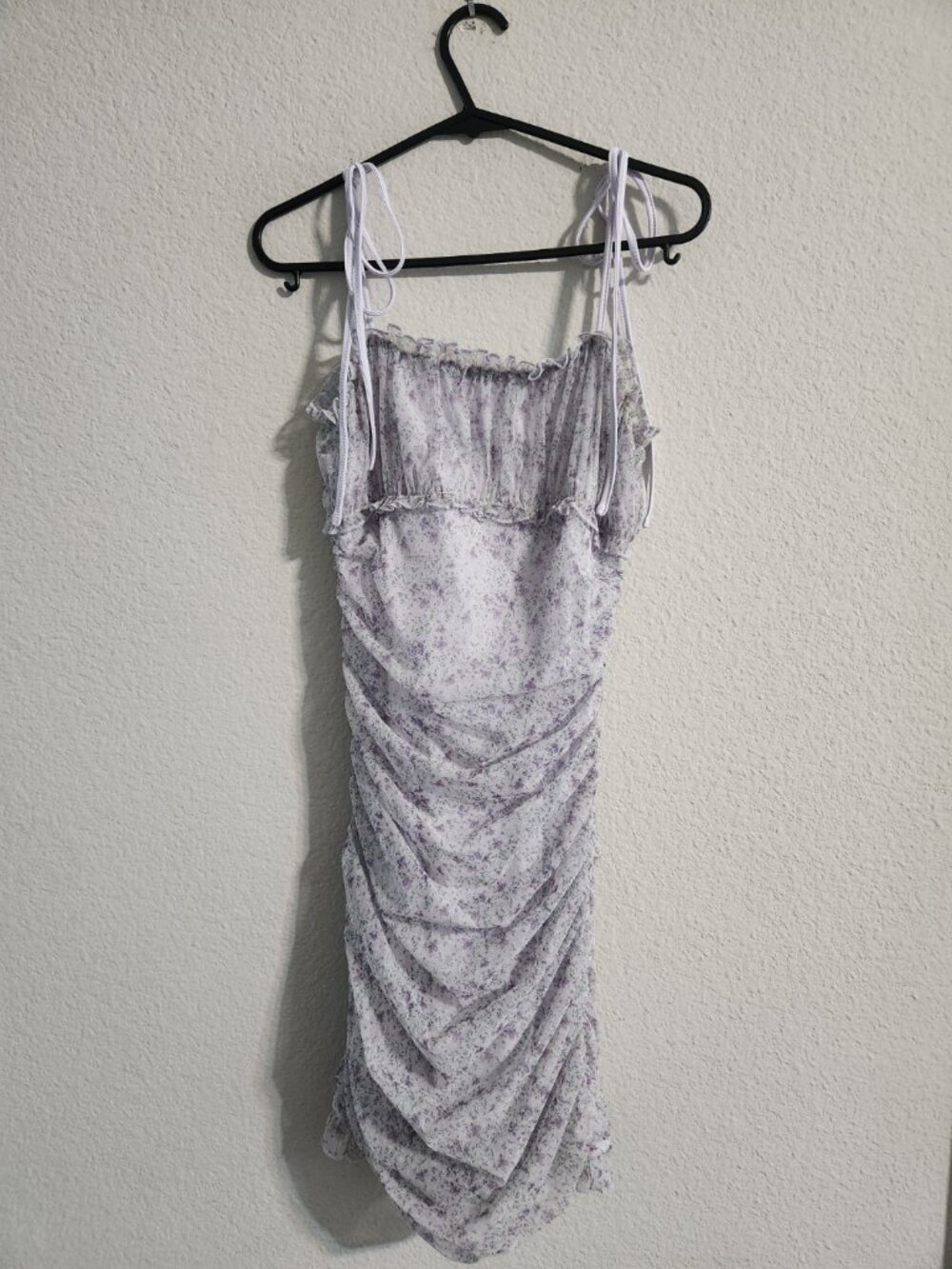 Katie J NYC Floral Mesh Ruched Mini Dress Lavender size small